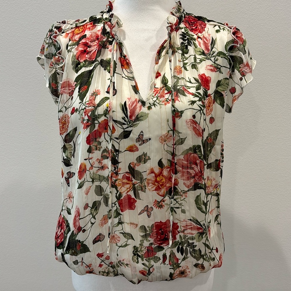 Women’s Tamara H. Floral Blouse Top Lined Sheer Ruffle Short Sleeve S